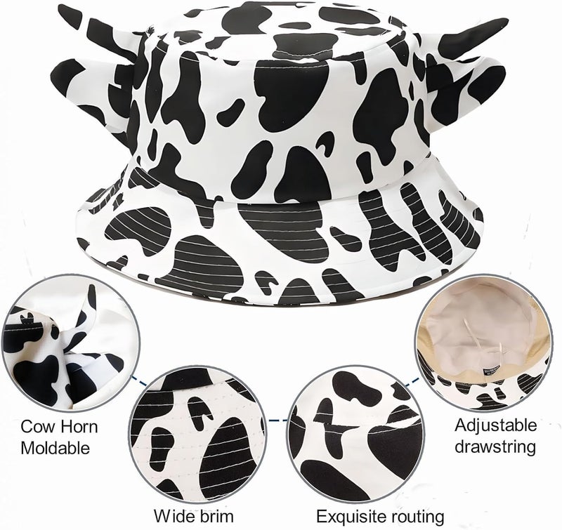 QANQIUPLE Cow Print Bucket Hat with Cute Horn Ears Cow Print Summer Beach Sun Hat Fisherman's Cow Bucket Hat - Image 4